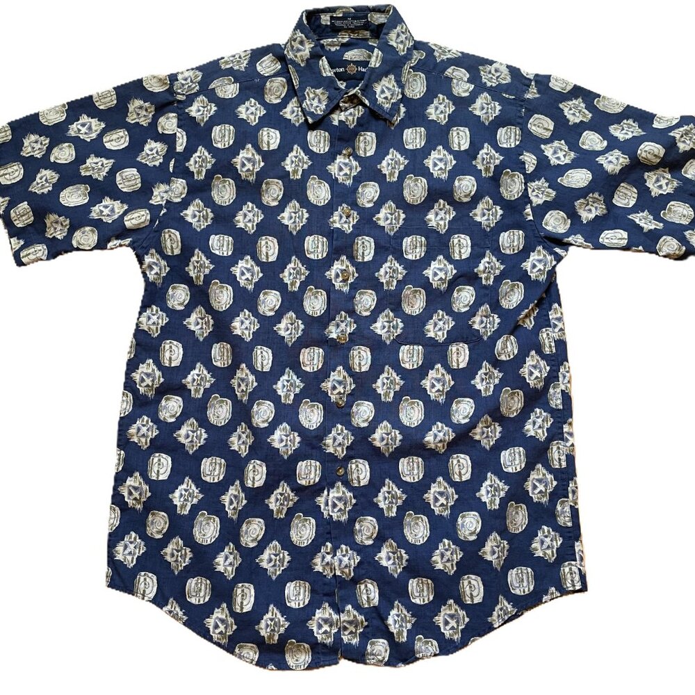 VTG Lawton Harbor Linen Ramie Blend Shirt M Geometric 90s Abstract Blue